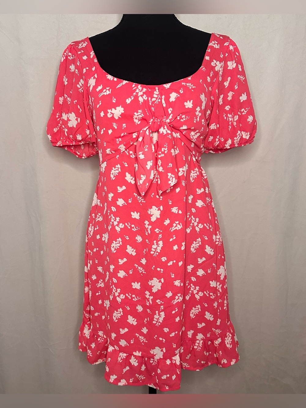 Romantic Coquette Pink Floral Dress Neck Tie Front Ruffle Hem Size S feminine
